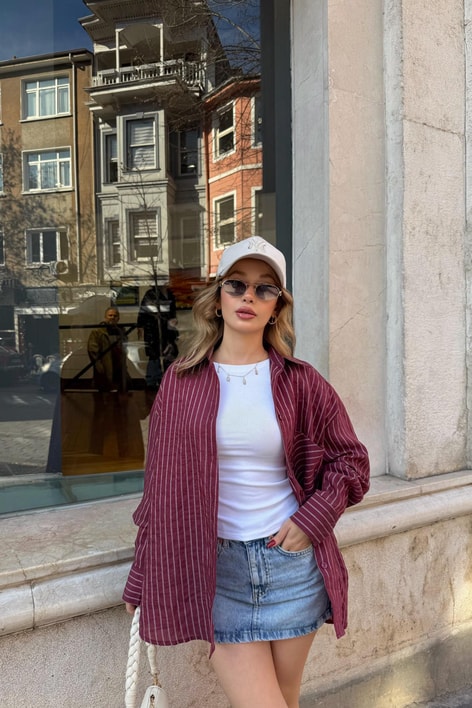 Çizgili Oversize Gömlek Bordo