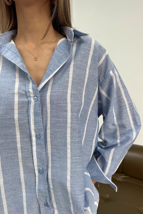 Çizgili Oversize Gömlek Mavi