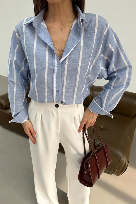 Çizgili Oversize Gömlek Mavi