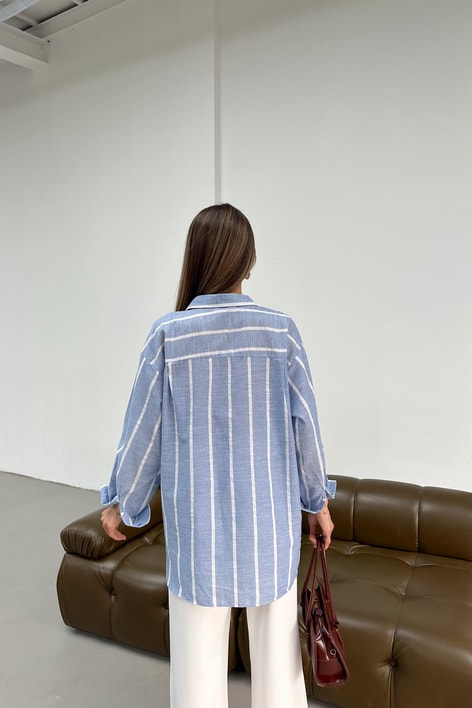 Çizgili Oversize Gömlek Mavi
