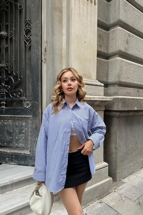 Çizgili Oversize Poplin Gömlek Mavi