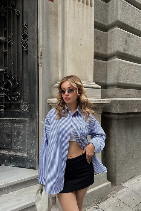 Çizgili Oversize Poplin Gömlek Mavi