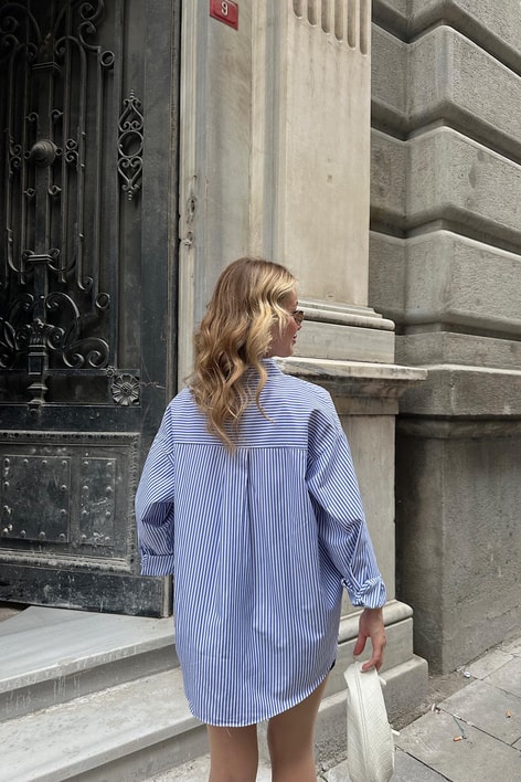 Çizgili Oversize Poplin Gömlek Mavi