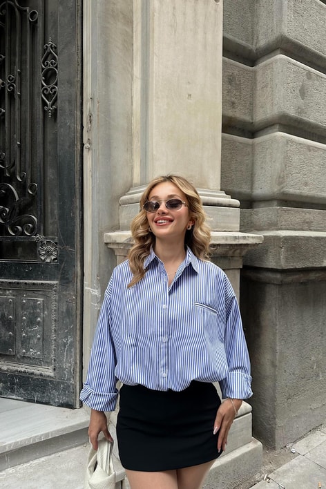 Çizgili Oversize Poplin Gömlek Mavi