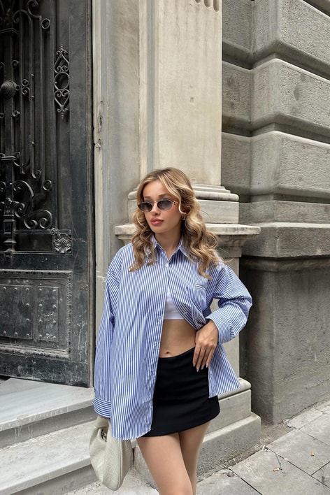 Çizgili Oversize Poplin Gömlek Mavi