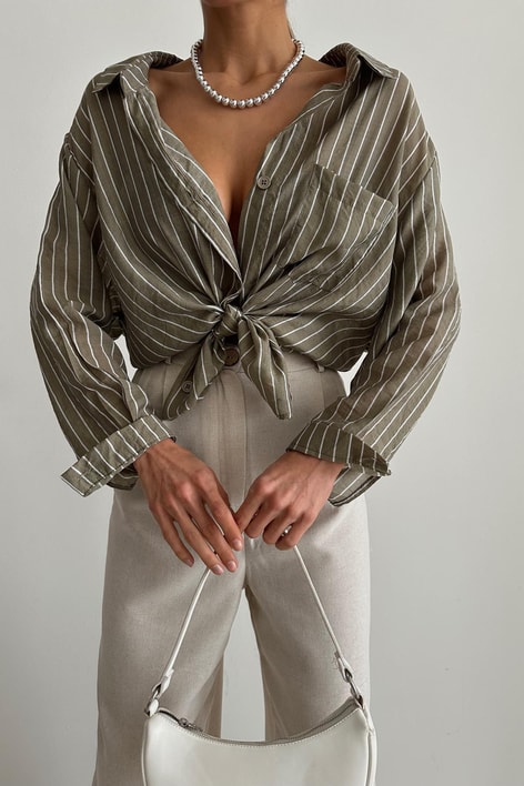 Çizgili Salaş Gömlek Haki