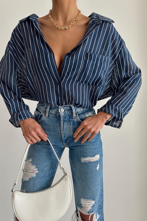 Çizgili Salaş Gömlek Lacivert