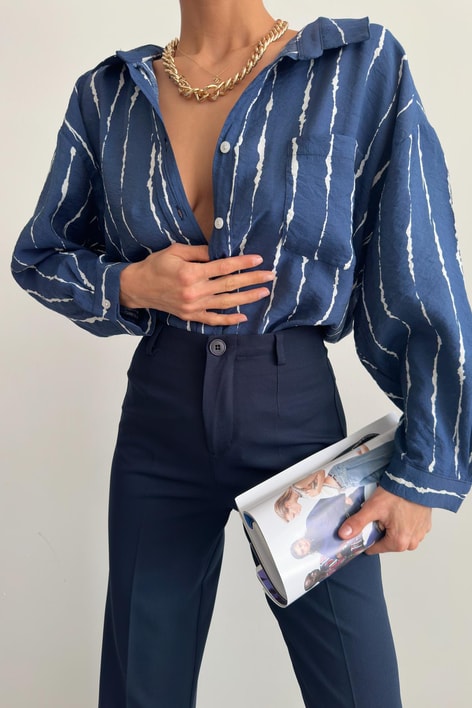 Crinkle Çizgili Gömlek Lacivert