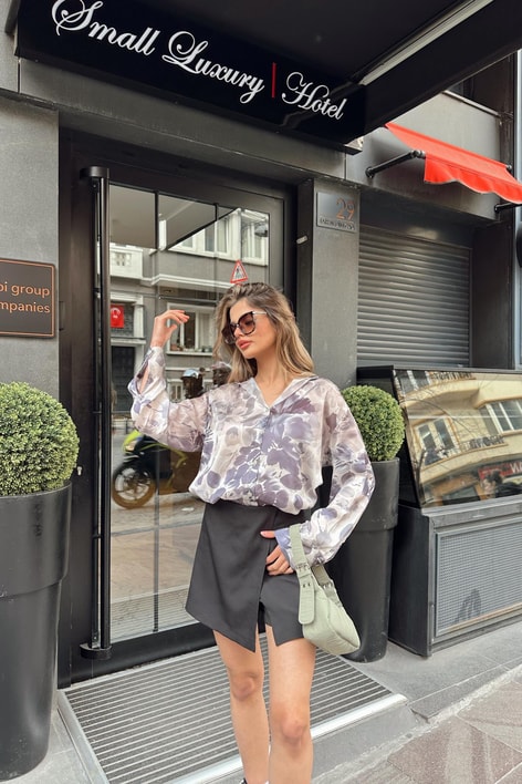 Dark Flower Saten Gömlek Gri