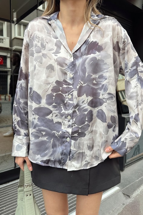 Dark Flower Saten Gömlek Gri