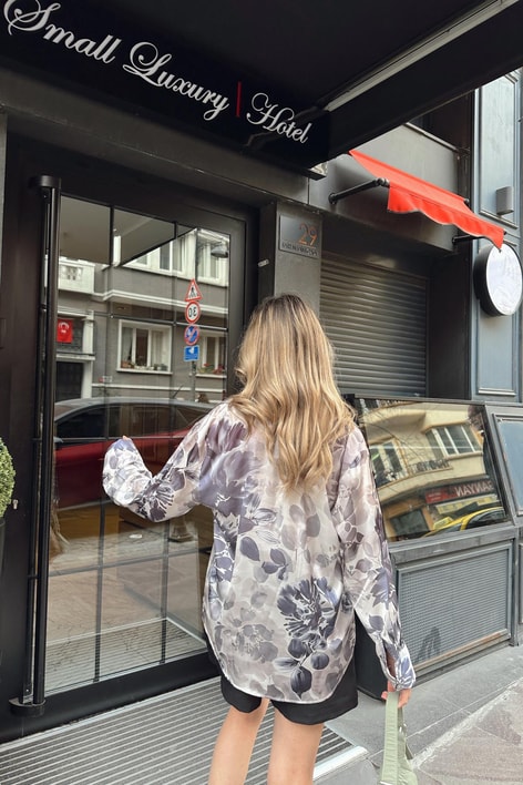 Dark Flower Saten Gömlek Gri