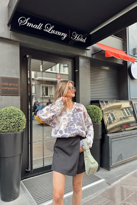 Dark Flower Saten Gömlek Gri