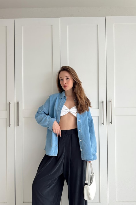 Denim Oversıze Gömlek Buz Mavi