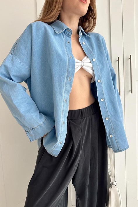 Denim Oversıze Gömlek Buz Mavi