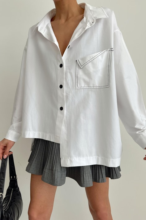 Dikiş Cep Asimetrik Gömlek Beyaz
