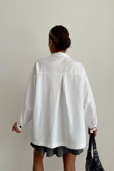 Dikiş Cep Asimetrik Gömlek Beyaz