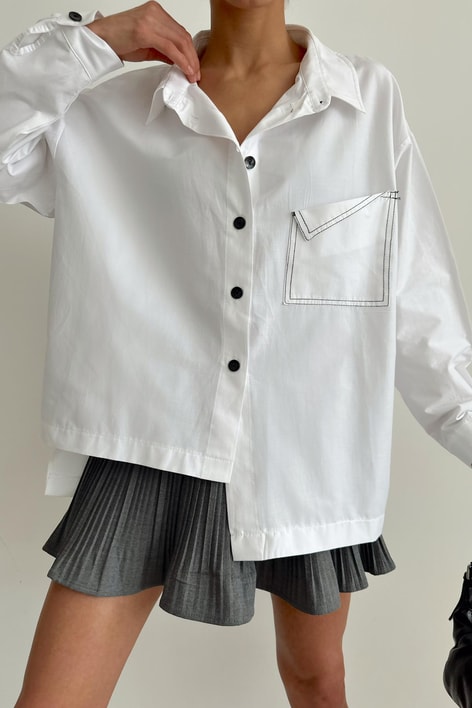 Dikiş Cep Asimetrik Gömlek Beyaz