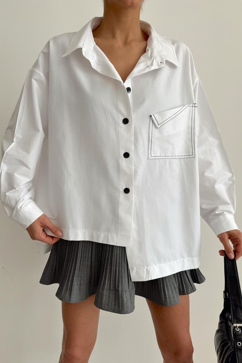 Dikiş Cep Asimetrik Gömlek Beyaz