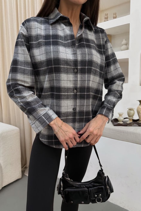 Ekose Desen Oversize Gömlek Antrasit