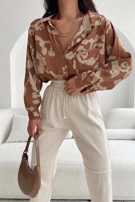 Etnik Desenli Gömlek Kahverengi