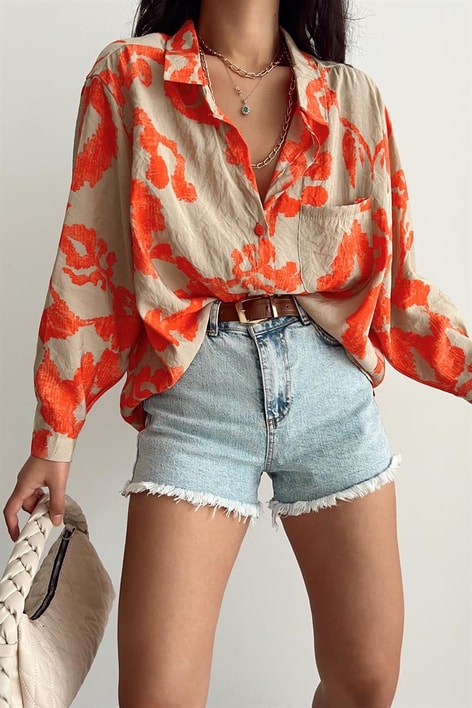 Etnik Desenli Gömlek Nar Çiçeği