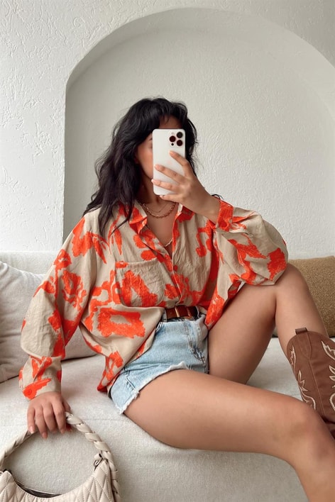 Etnik Desenli Gömlek Nar Çiçeği