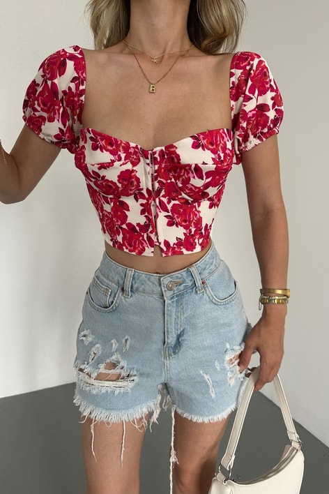 Flowers Crop Bluz Kırmızı