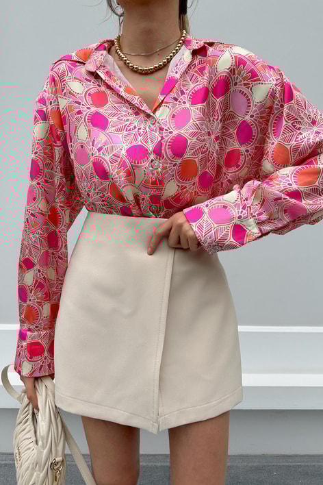 Geo Desen Saten Gömlek Pembe