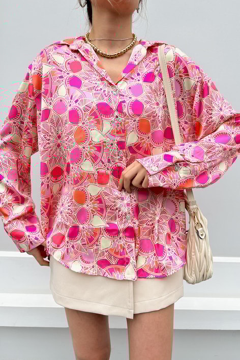 Geo Desen Saten Gömlek Pembe