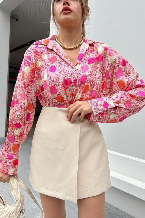 Geo Desen Saten Gömlek Pembe