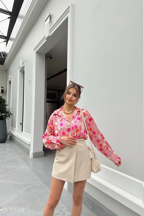 Geo Desen Saten Gömlek Pembe