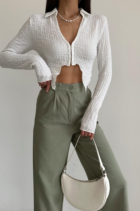 Gofre Asimetrik Crop Gömlek Beyaz