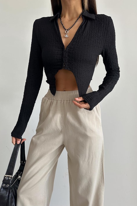 Gofre Asimetrik Crop Gömlek Siyah