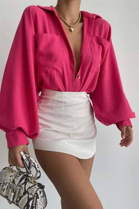 Ham Keten Kol Büzgülü Gömlek Fuşya