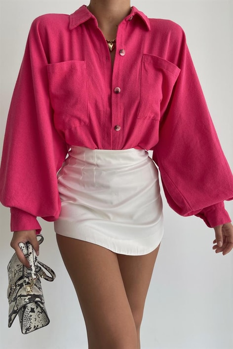 Ham Keten Kol Büzgülü Gömlek Fuşya