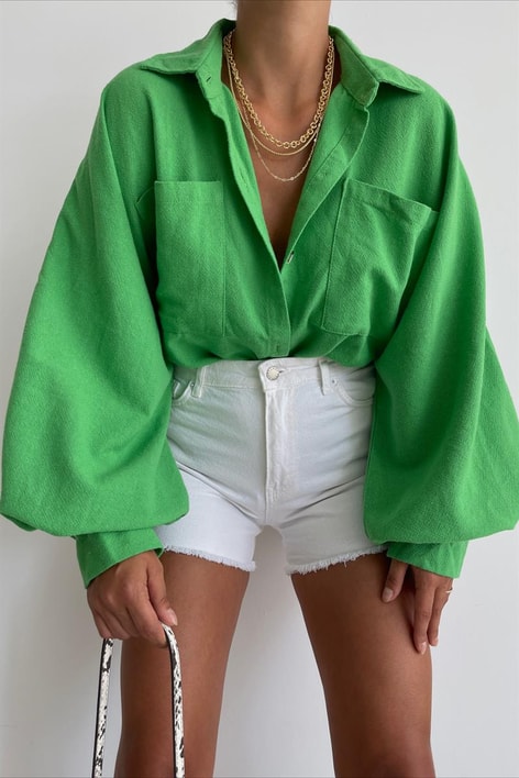 Ham Keten Kol Büzgülü Gömlek Yeşil
