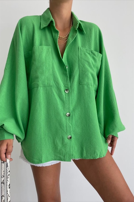 Ham Keten Kol Büzgülü Gömlek Yeşil
