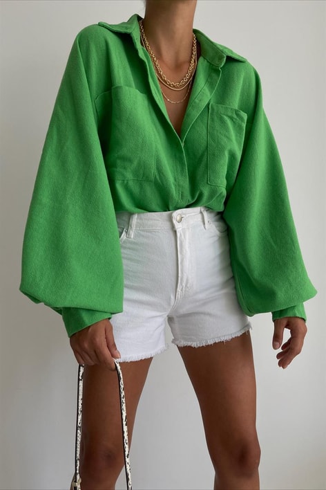 Ham Keten Kol Büzgülü Gömlek Yeşil