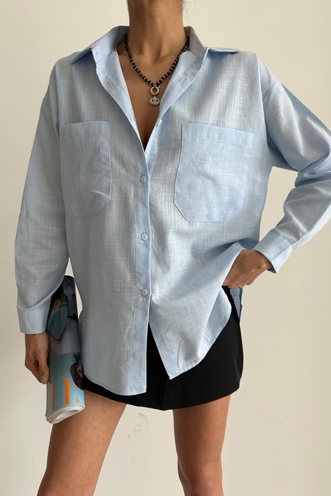 İki Cep Keten Gömlek Bebe Mavi