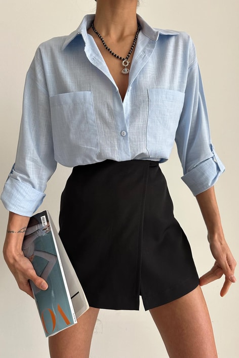 İki Cep Keten Gömlek Bebe Mavi