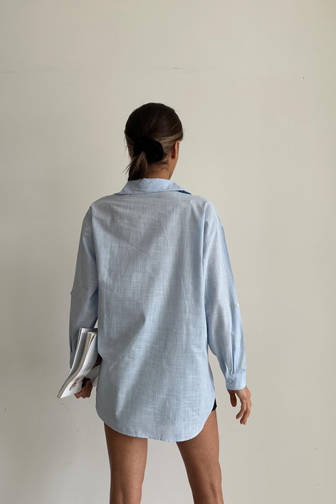 İki Cep Keten Gömlek Bebe Mavi