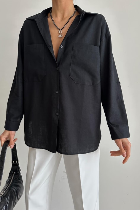 İki Cep Keten Gömlek Siyah