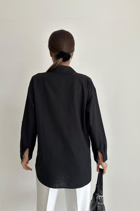 İki Cep Keten Gömlek Siyah
