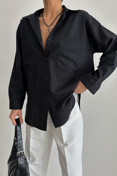 İki Cep Keten Gömlek Siyah