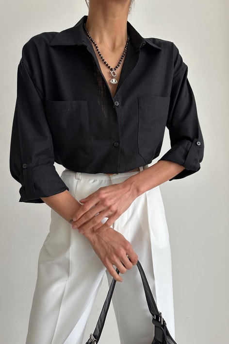 İki Cep Keten Gömlek Siyah