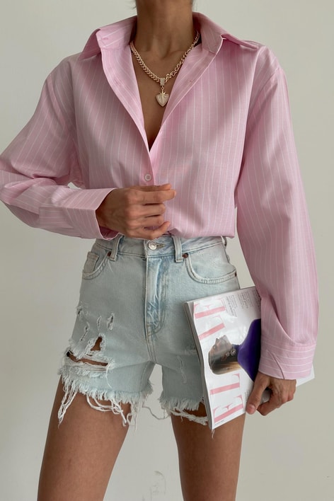 İnce Çizgili Oversize Gömlek Pembe