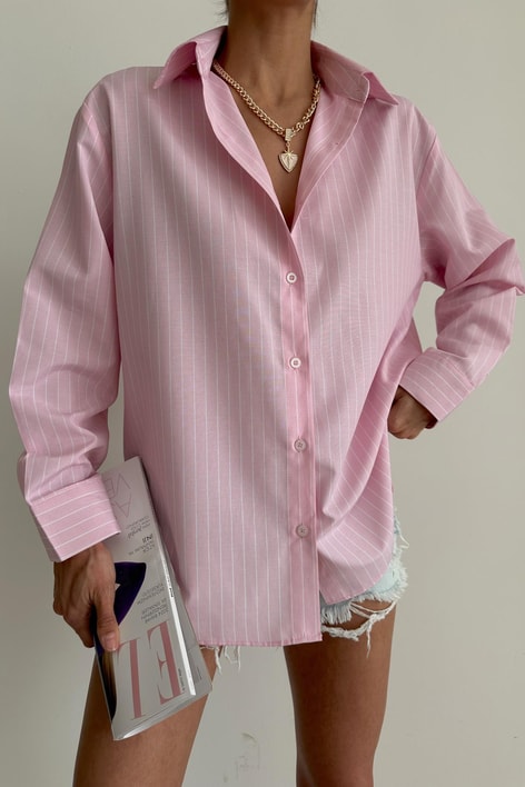 İnce Çizgili Oversize Gömlek Pembe