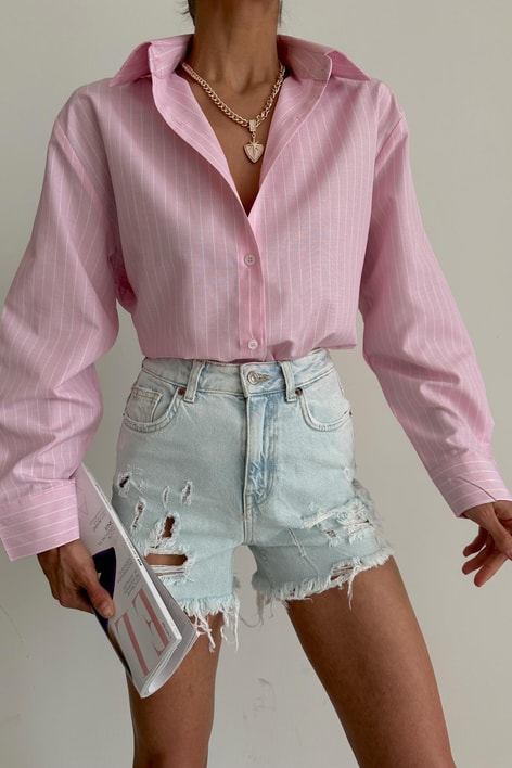 İnce Çizgili Oversize Gömlek Pembe