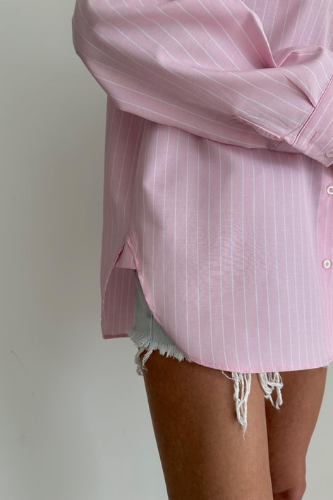 İnce Çizgili Oversize Gömlek Pembe