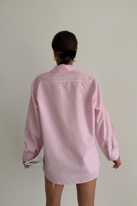 İnce Çizgili Oversize Gömlek Pembe